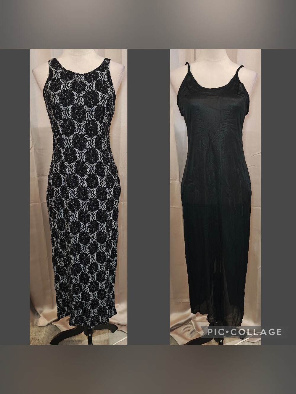 🖤🩶Whimsigoth 90s Joule Black Mesh Lace Column Dress w Under Slip Set🩶🖤